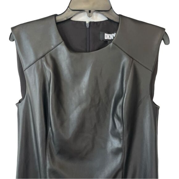 NWT DKNY | Black Faux Leather Fringe Trim Sleeveless Mini Dress 4 - Picture 5 of 11